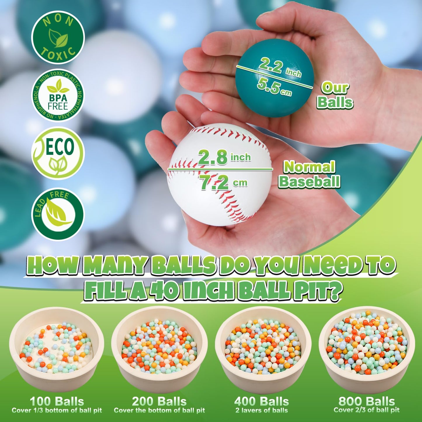 GOGOSO Ball Pits Balls – 2.2-Inch Non-Toxic Multicolor Set (Green/Blue/Gray/White) – 100 Balls