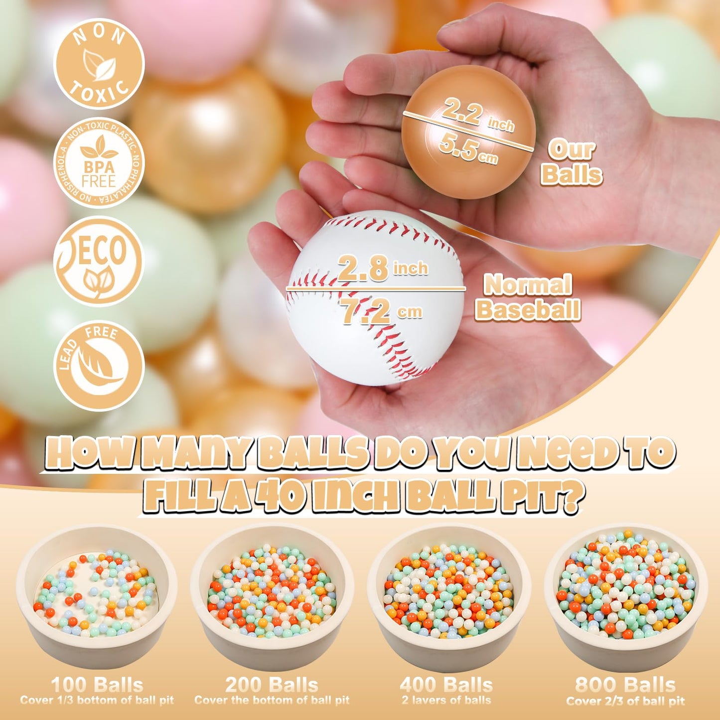 GOGOSO Ball Pits Balls – Non-Toxic 2.2-Inch Play Balls (Pearl Pink/Gold/Green/White) 100