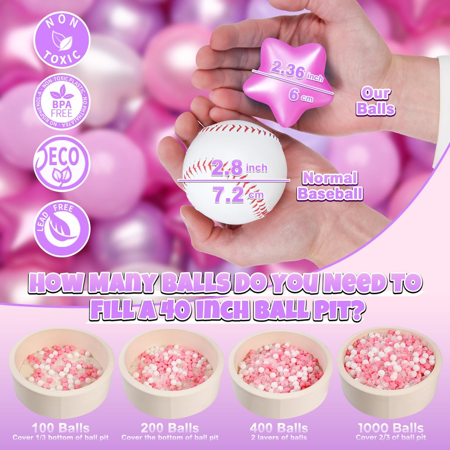 GOGOSO Ball Pits Balls for Toddlers – 2.2-Inch Crush-Proof Non-Toxic Plastic Balls (50-100-200-500 Count) in Pearl Pink, Pearl Light Pink, Purple, Star & Heart