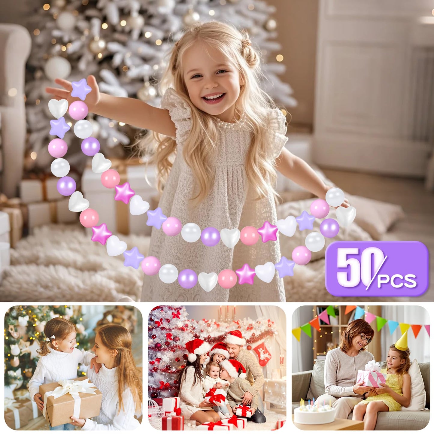 GOGOSO Ball Pits Balls for Toddlers – 2.2-Inch Crush-Proof Non-Toxic Plastic Balls (50-100-200-500 Count) in Pearl Pink, Pearl Light Pink, Purple, Star & Heart