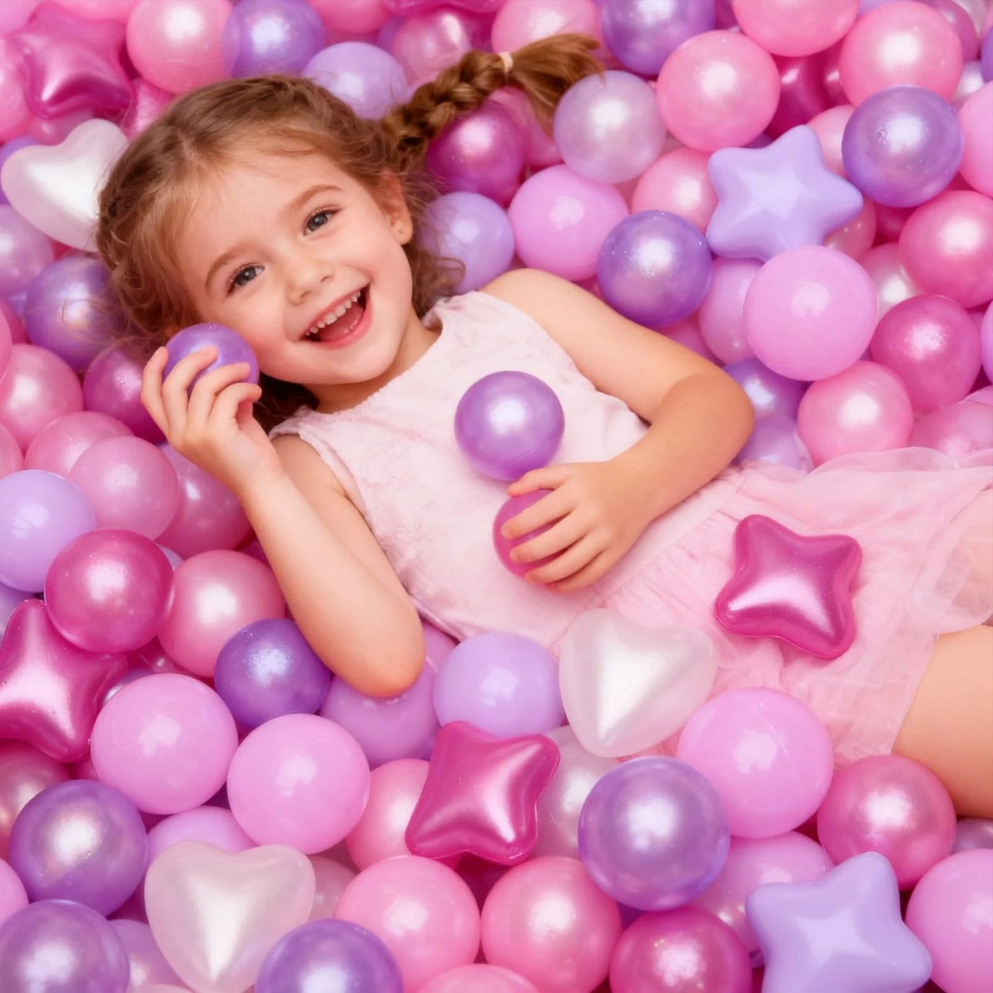GOGOSO Ball Pits Balls for Toddlers – 2.2-Inch Crush-Proof Non-Toxic Plastic Balls (50-100-200-500 Count) in Pearl Pink, Pearl Light Pink, Purple, Star & Heart
