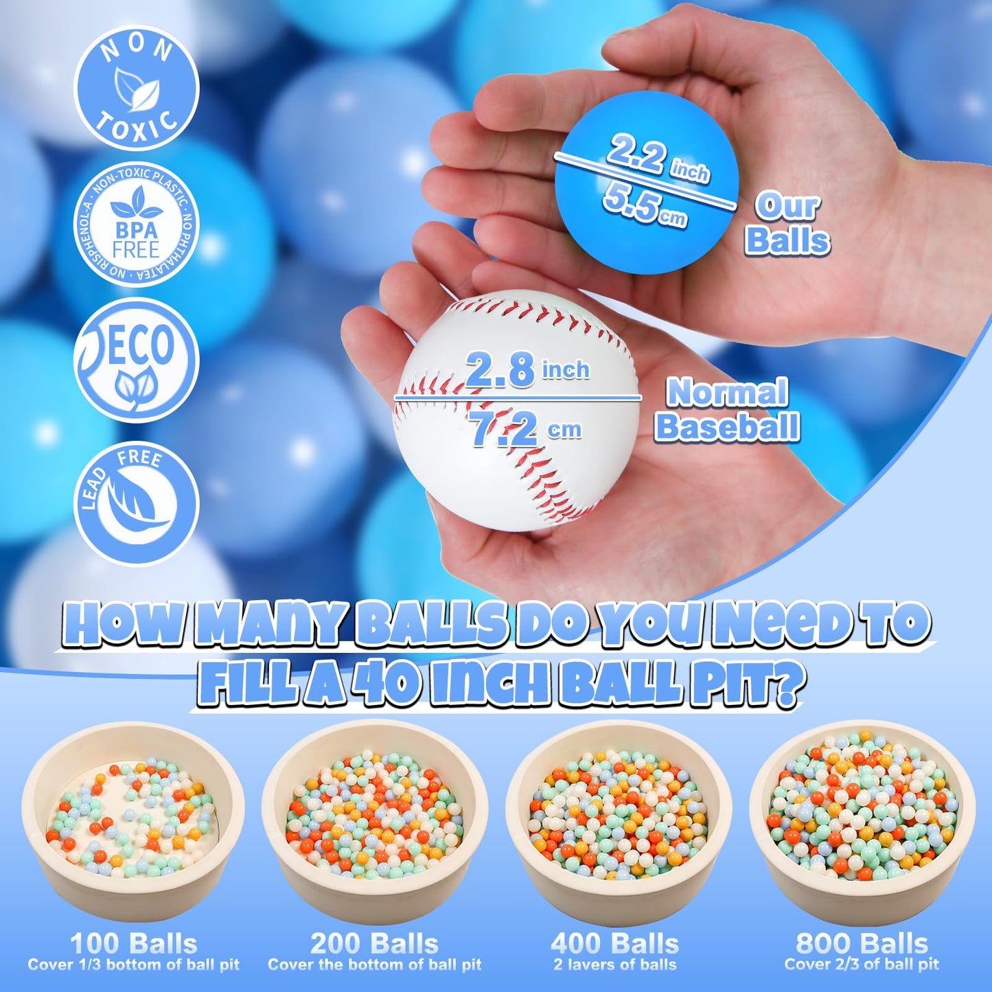 GOGOSO 100-Pack Plastic Play Pit Balls – 2.2 in, 3-Color Safe Ball Pit Balls for Baby & Kids