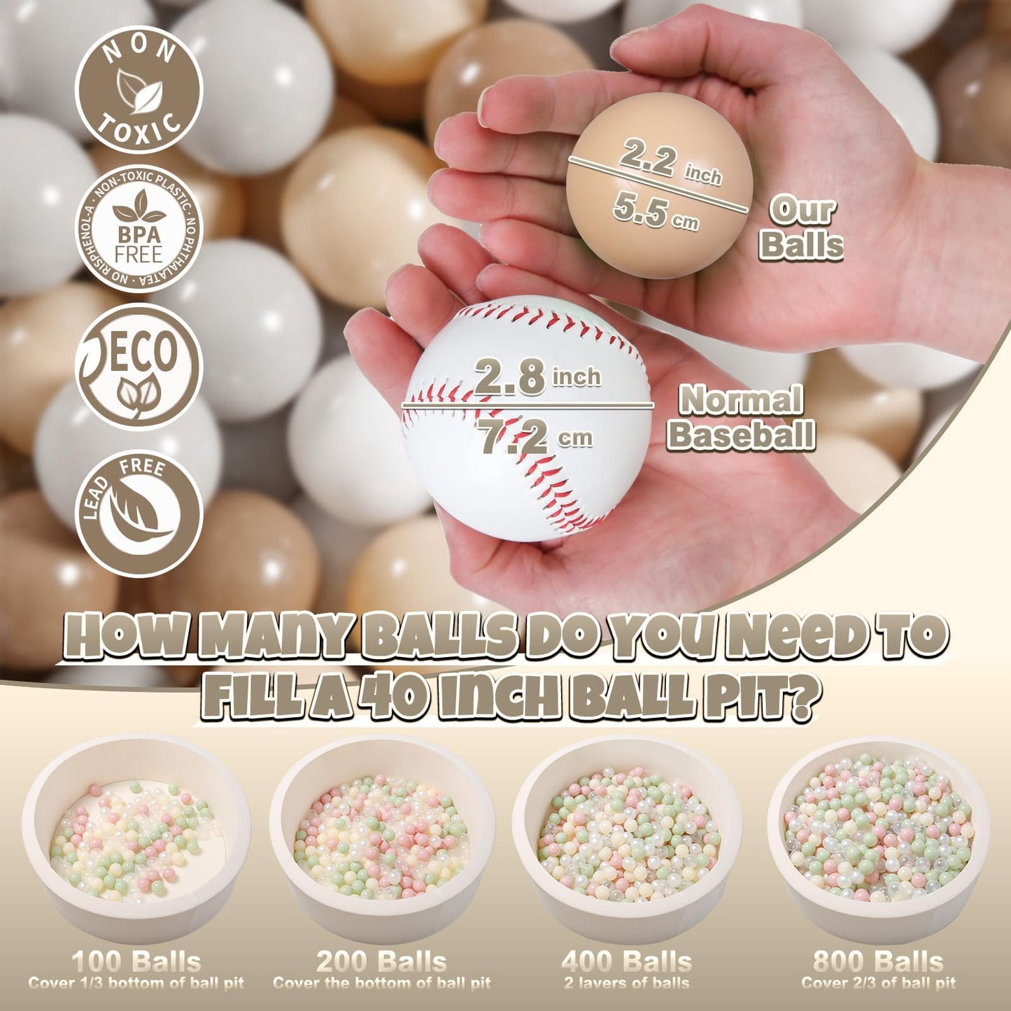 GOGOSO Balls for Ball Pit – 200-Pack 2.17-Inch Soft Plastic Balls (Grey/Beige/White)