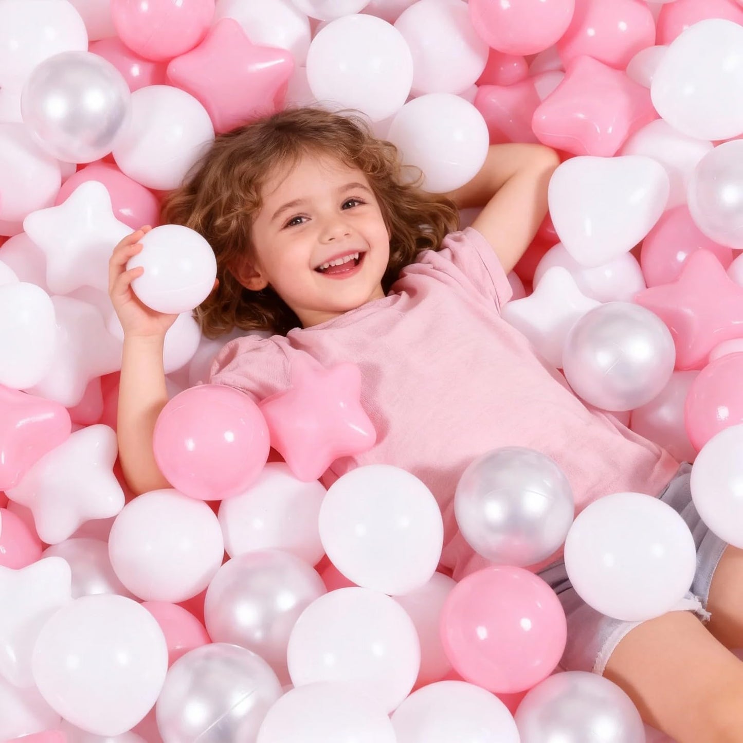 GOGOSO Pink Ball Pit Balls – 100 Crushproof 2.15in Plastic Balls with Stars and Hearts