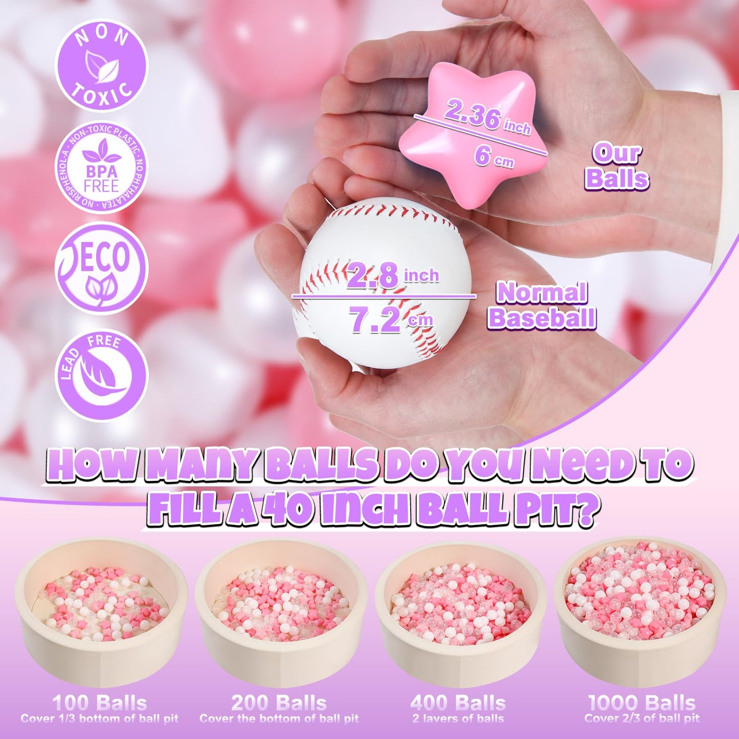 GOGOSO Pink Ball Pit Balls – 100 Crushproof 2.15in Plastic Balls with Stars and Hearts
