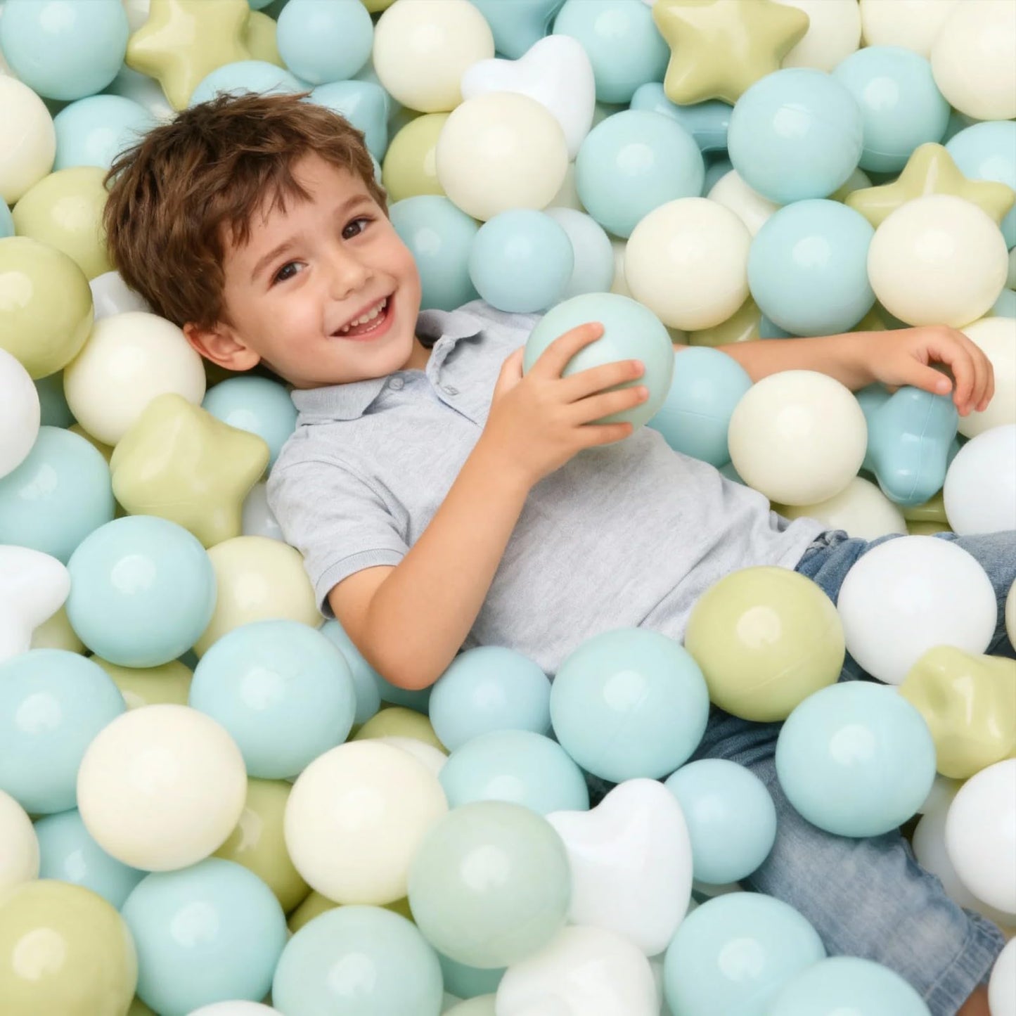 GOGOSO Ball Pit Balls – 200pcs Stars & Hearts, 2.15-Inch, Pastel Creamy Blue/Green/White