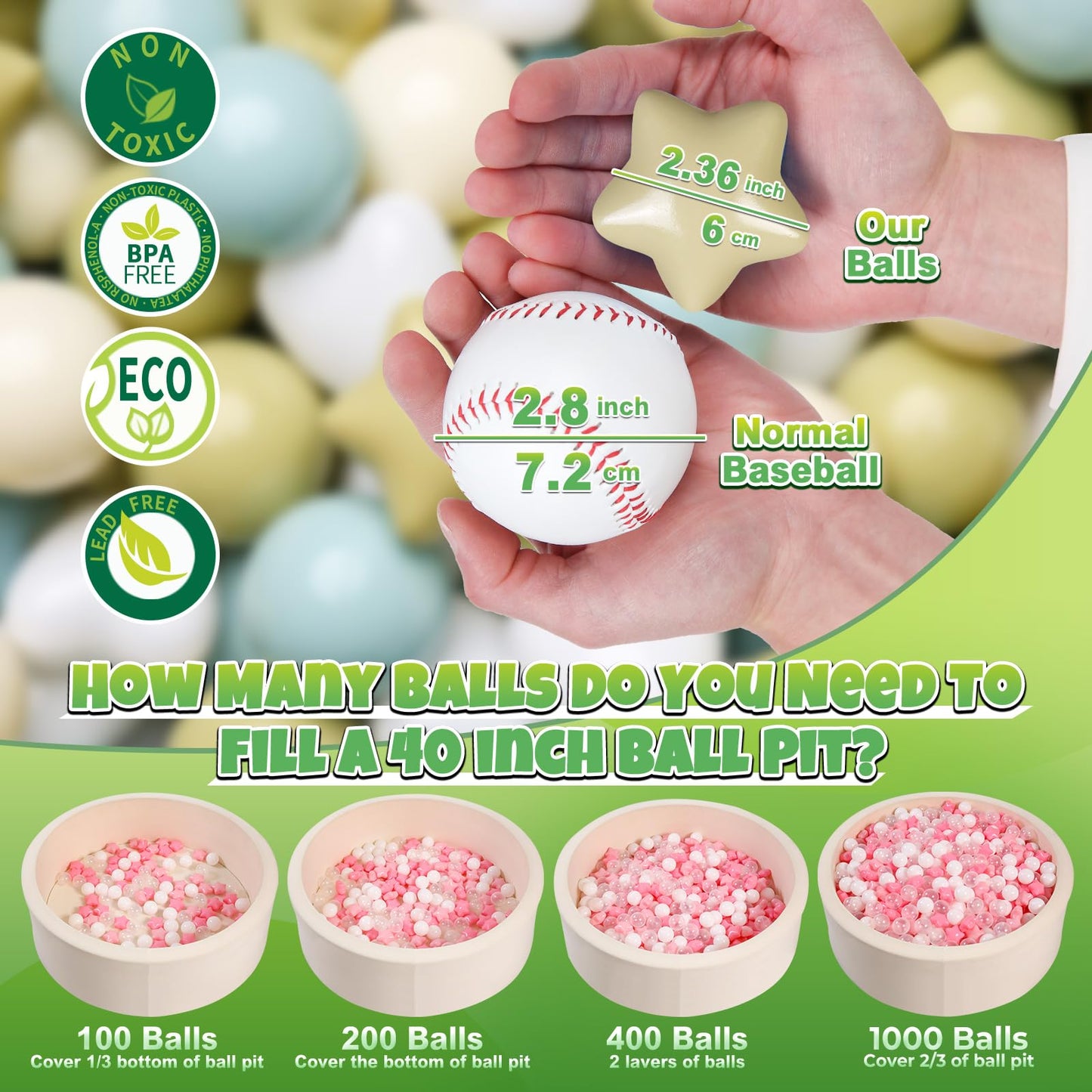 GOGOSO Ball Pit Balls – 200pcs Stars & Hearts, 2.15-Inch, Pastel Creamy Blue/Green/White