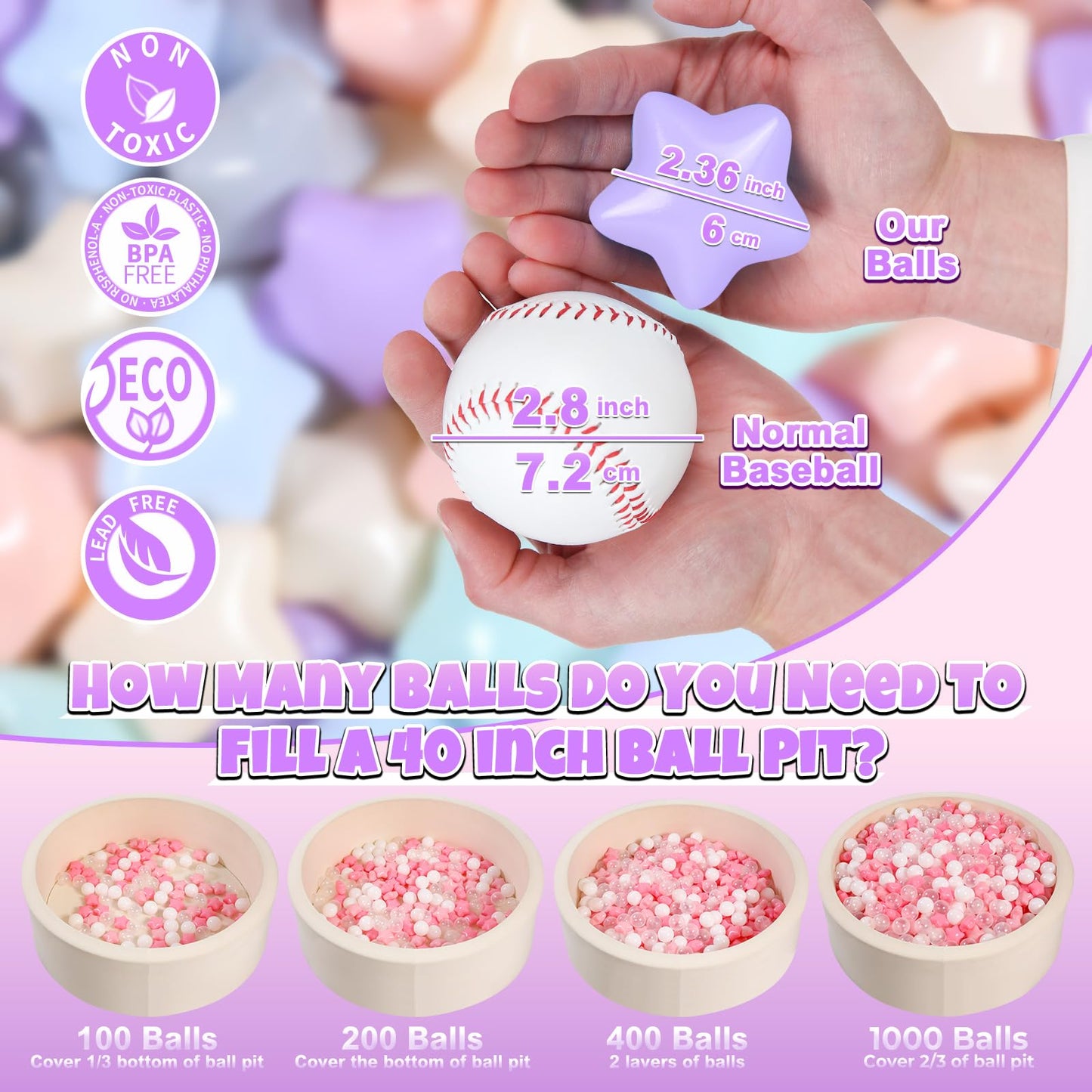 GOGOSO 100 Ball Pit Balls Star Bals – Pink Soft Plastic Play Balls, 2.15 inches | Phthalate Free & BPA Free
