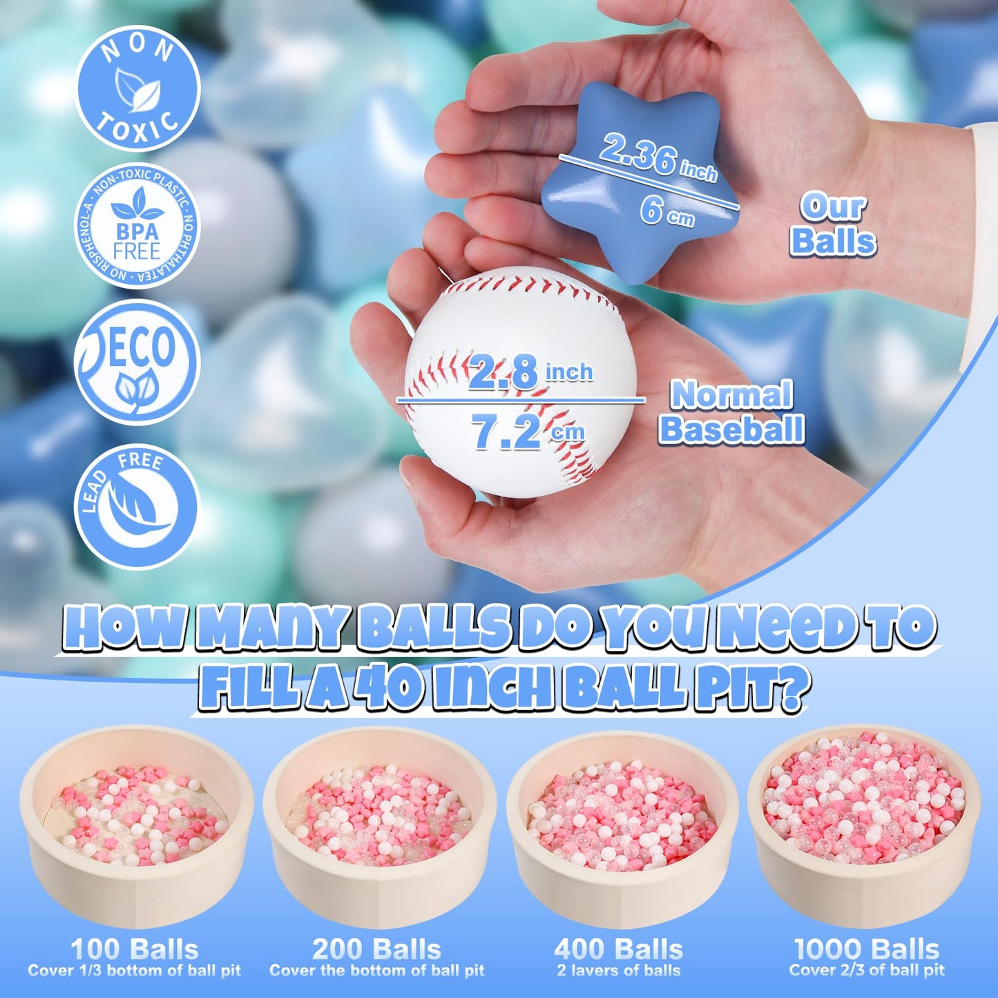GOGOSO Ball Pit Balls - 100pcs Star & Heart Shaped Pastel Balls (Cream & Pearl Blue)