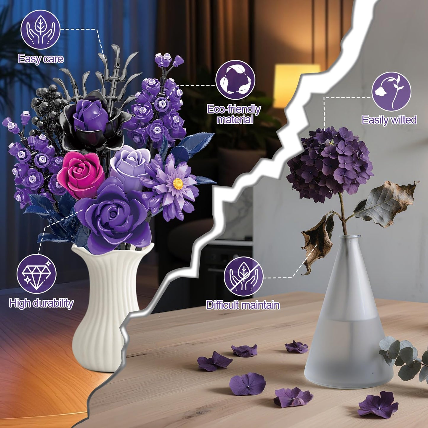 Gohero Purple Roses Building Blocks Set (822 PCS) – Lego-Compatible Gothic Flowers for Adults, Home Decor & Gift