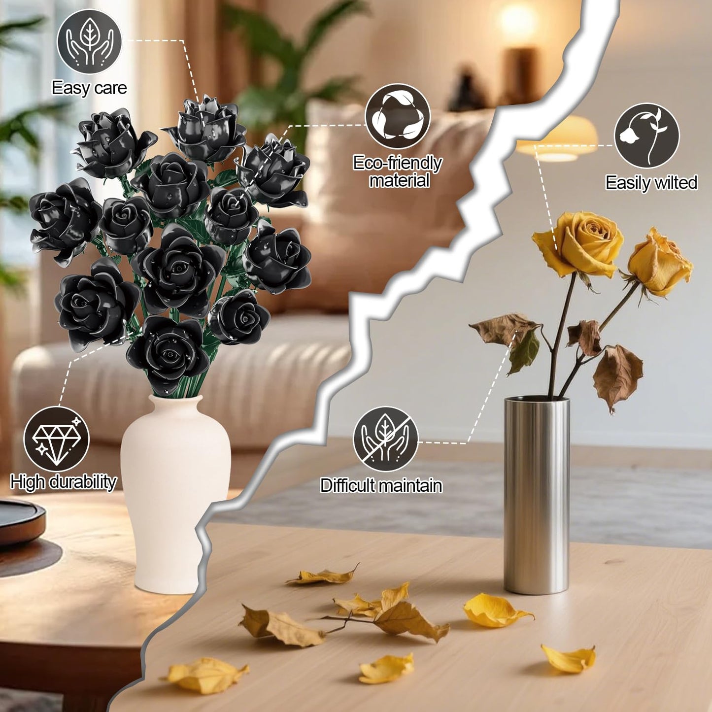 Gohero Black Roses Building Set – 12-Pack, Lego-Compatible Gothic Floral Gift (585pcs)