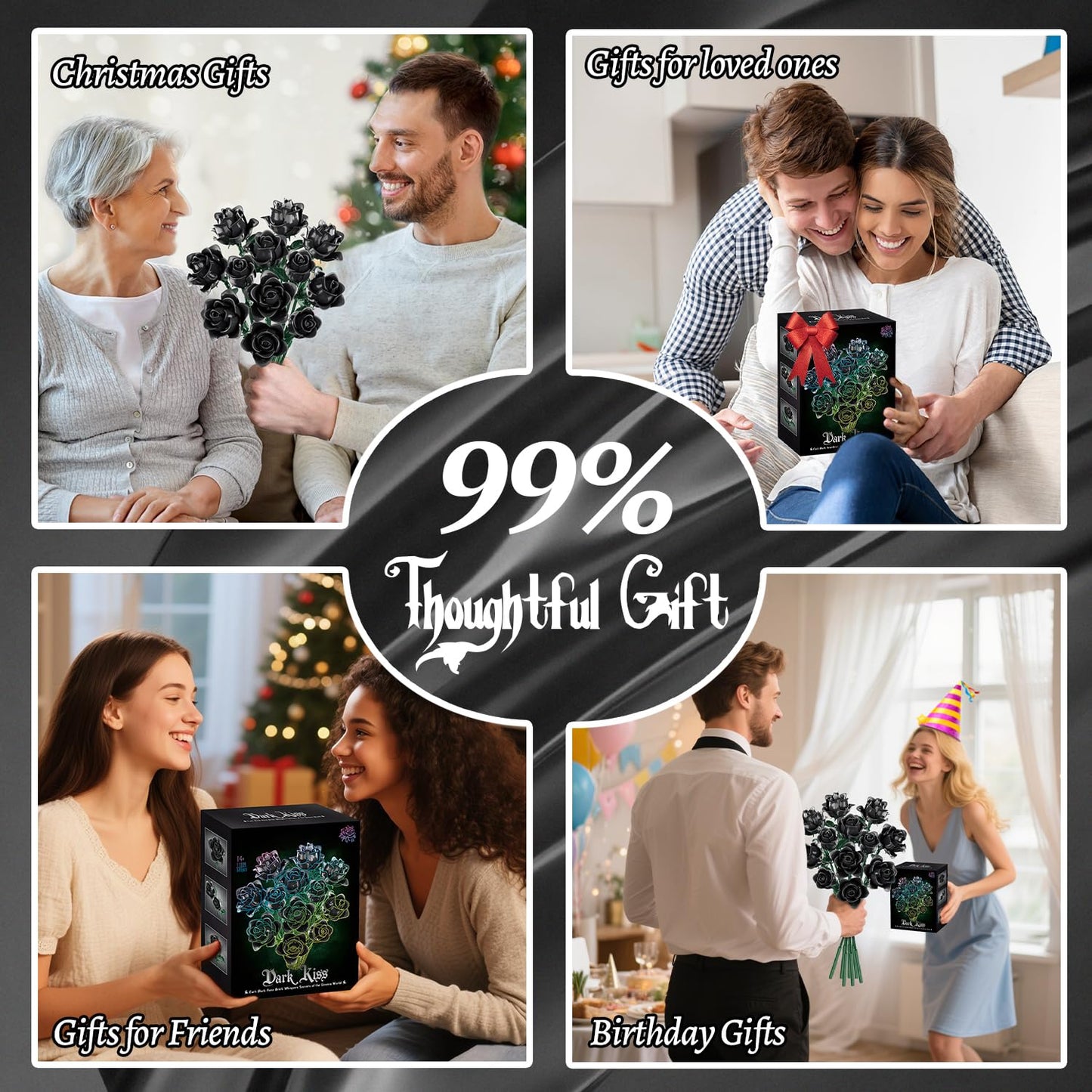 Gohero Black Roses Building Set – 12-Pack, Lego-Compatible Gothic Floral Gift (585pcs)
