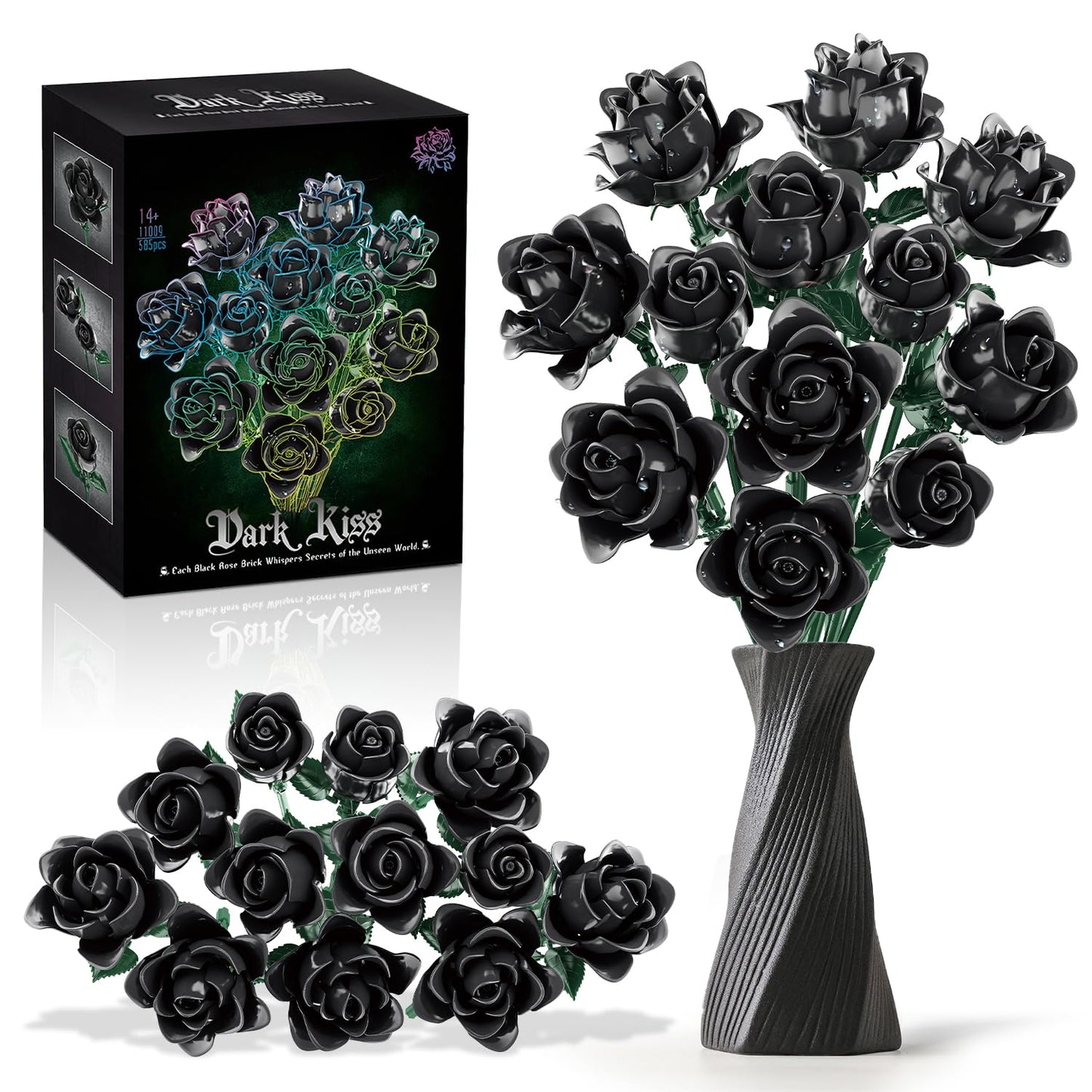 Gohero Black Roses Building Set – 12-Pack, Lego-Compatible Gothic Floral Gift (585pcs)