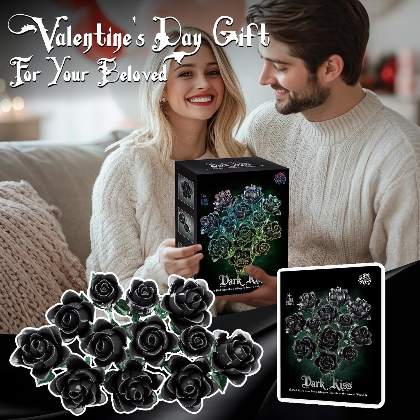 Gohero Black Roses Building Set – 12-Pack, Lego-Compatible Gothic Floral Gift (585pcs)