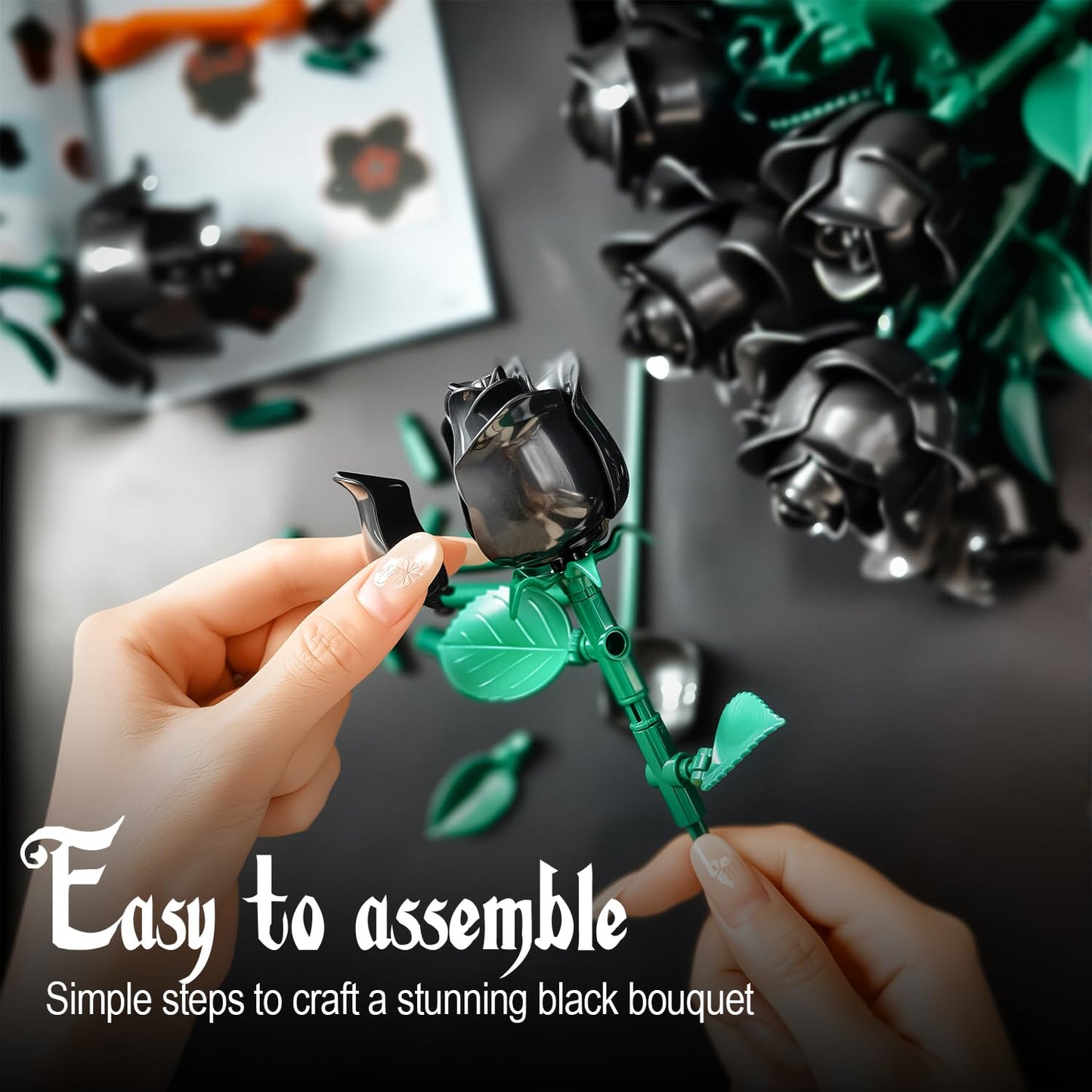 Gohero Black Roses Building Set – 12-Pack, Lego-Compatible Gothic Floral Gift (585pcs)