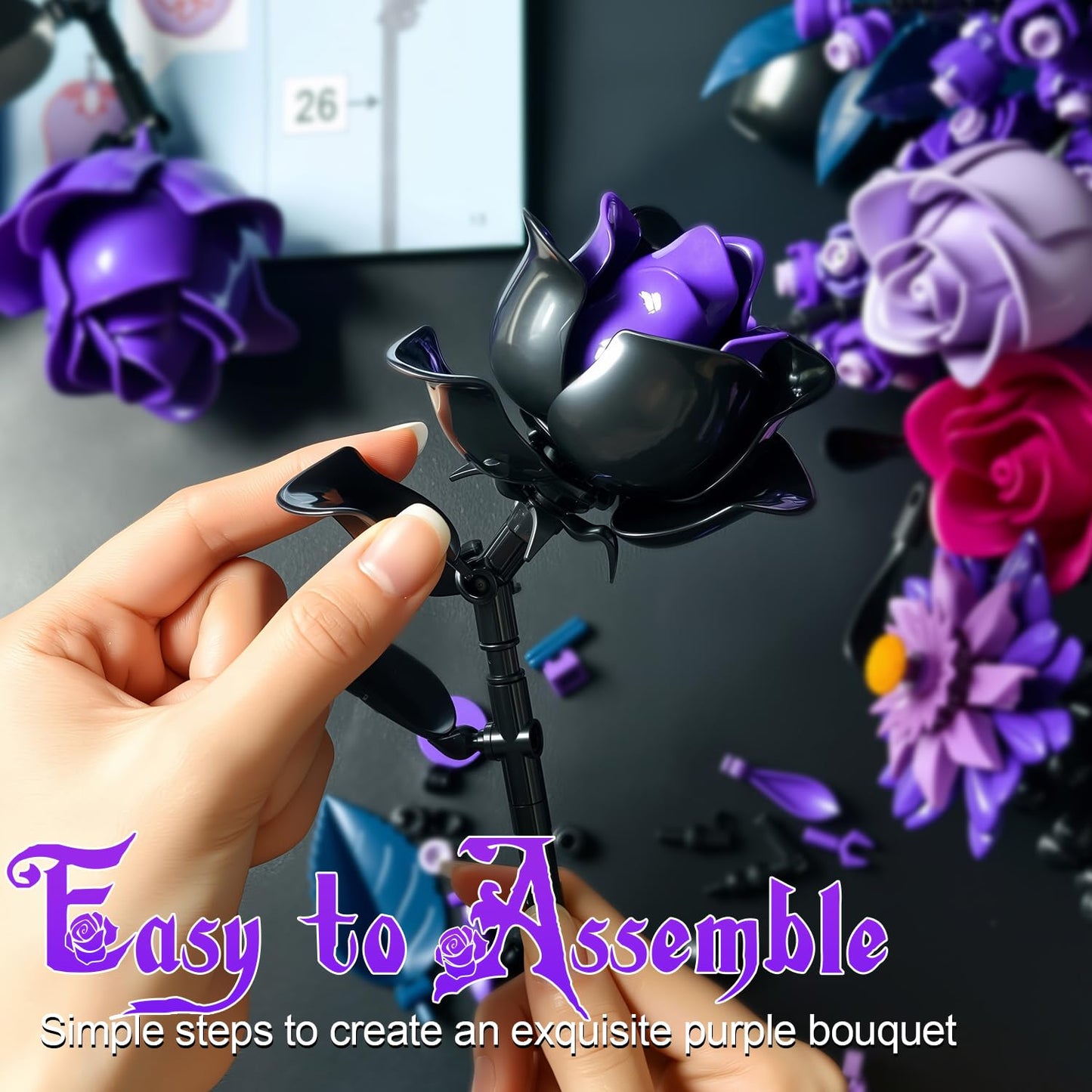 Gohero Purple Roses Building Blocks Set (822 PCS) – Lego-Compatible Gothic Flowers for Adults, Home Decor & Gift