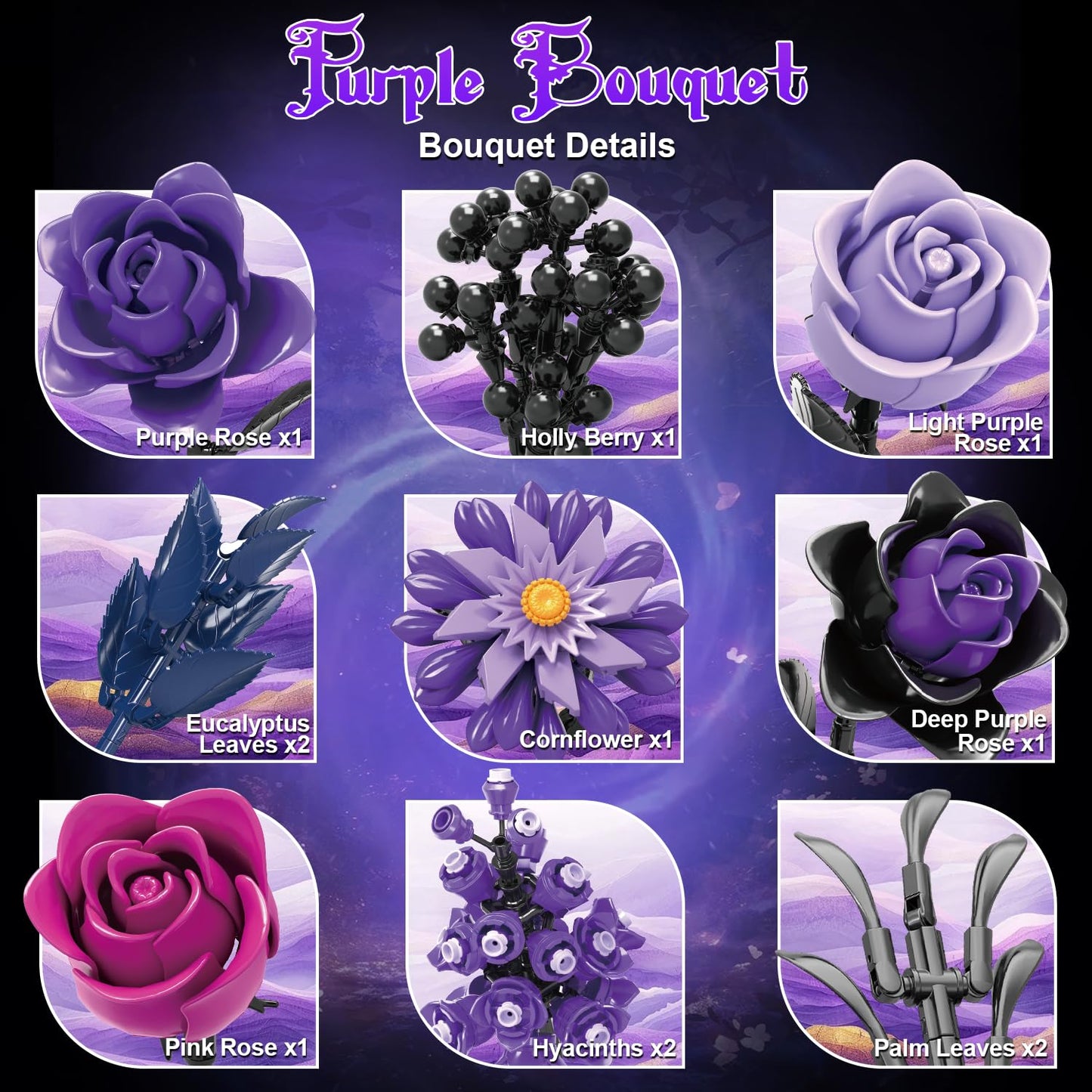 Gohero Purple Roses Building Blocks Set (822 PCS) – Lego-Compatible Gothic Flowers for Adults, Home Decor & Gift