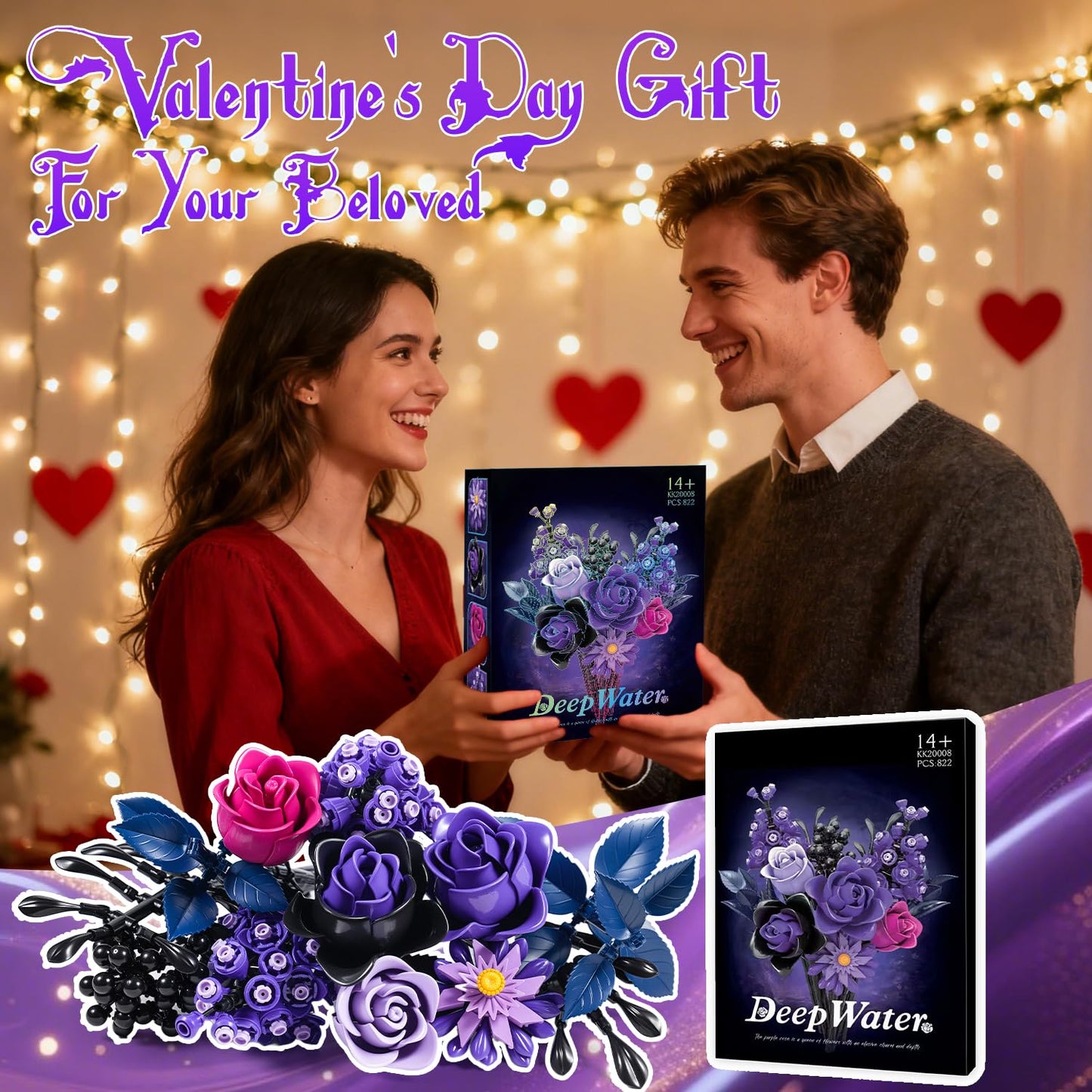 Gohero Purple Roses Building Blocks Set (822 PCS) – Lego-Compatible Gothic Flowers for Adults, Home Decor & Gift