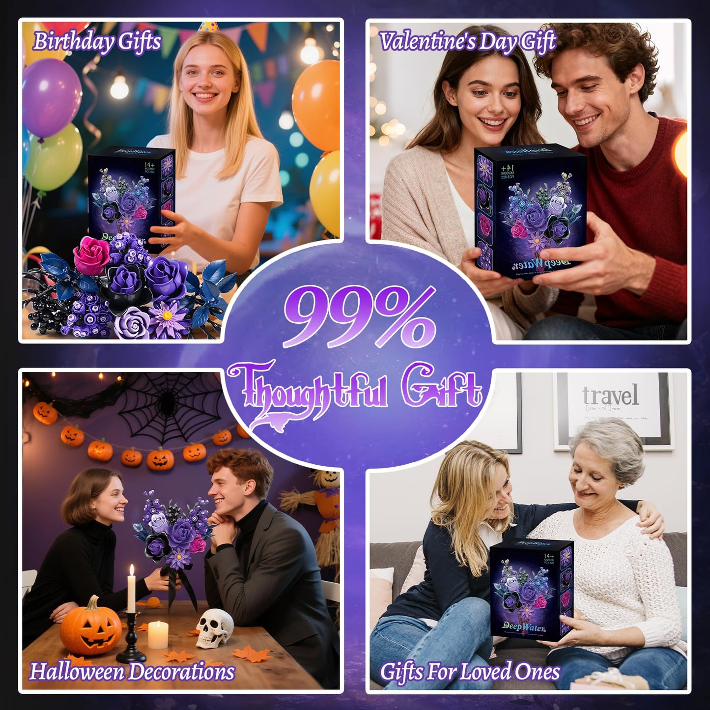 Gohero Purple Roses Building Blocks Set (822 PCS) – Lego-Compatible Gothic Flowers for Adults, Home Decor & Gift