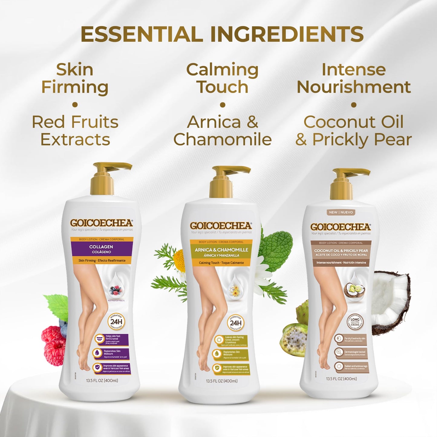 Goicoechea Body Lotion Variety Pack – Arnica and Chamomile, Collagen Elastin, Coconut Oil and Prickly Pear | 3 x 13.5 oz