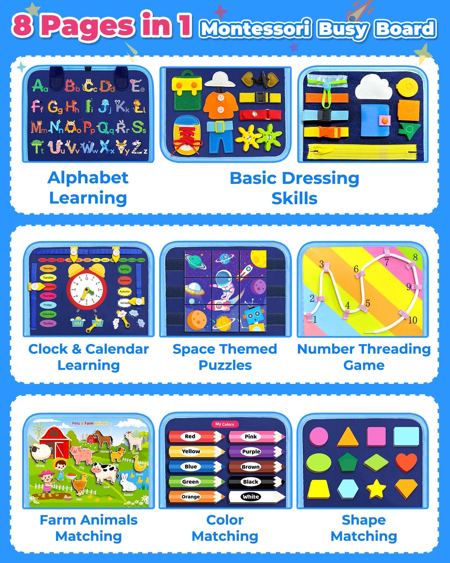 Gojmzo Busy Board Montessori Toys for Toddlers – 8-Page Learning Activity Book