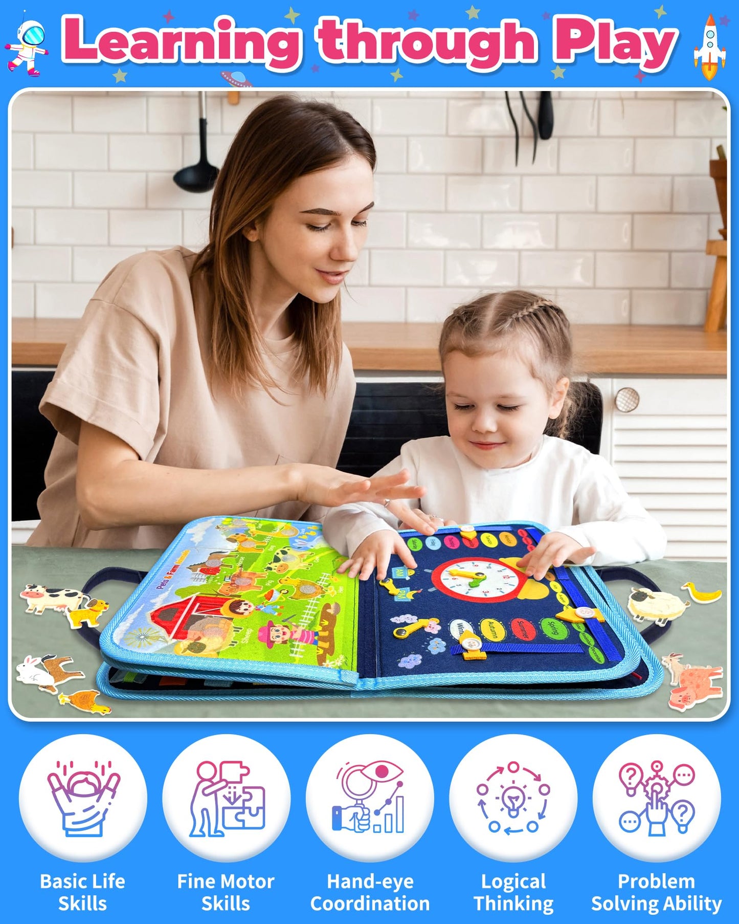 Gojmzo Busy Board Montessori Toys for Toddlers – 8-Page Learning Activity Book