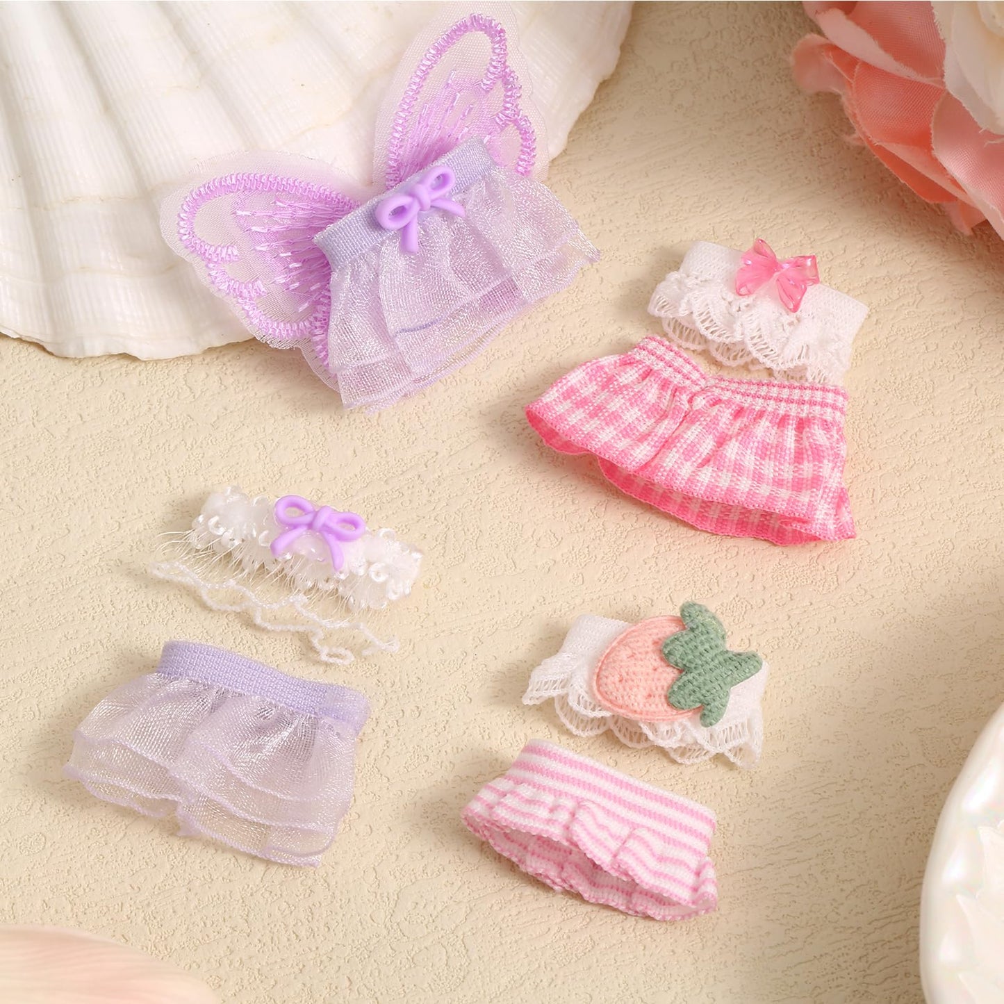 Goktvai 4 Sets 3in Angel Doll Clothes – Tops and Skirts for Display (Purple, Pink)
