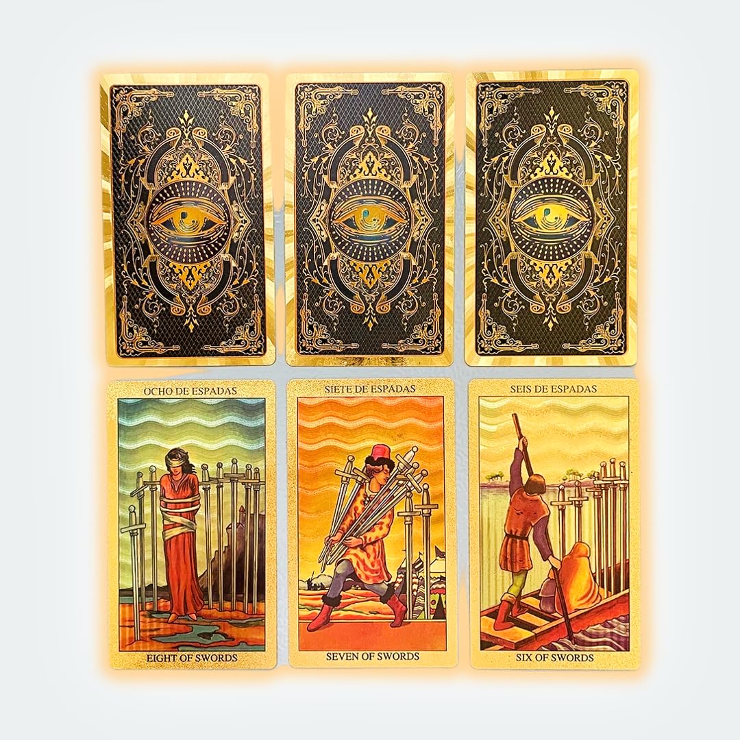 Spanish & English Golden Foil Tarot Deck with Guidebook — 78 PVC Cards, Waterproof & Wrinkle-Resistant