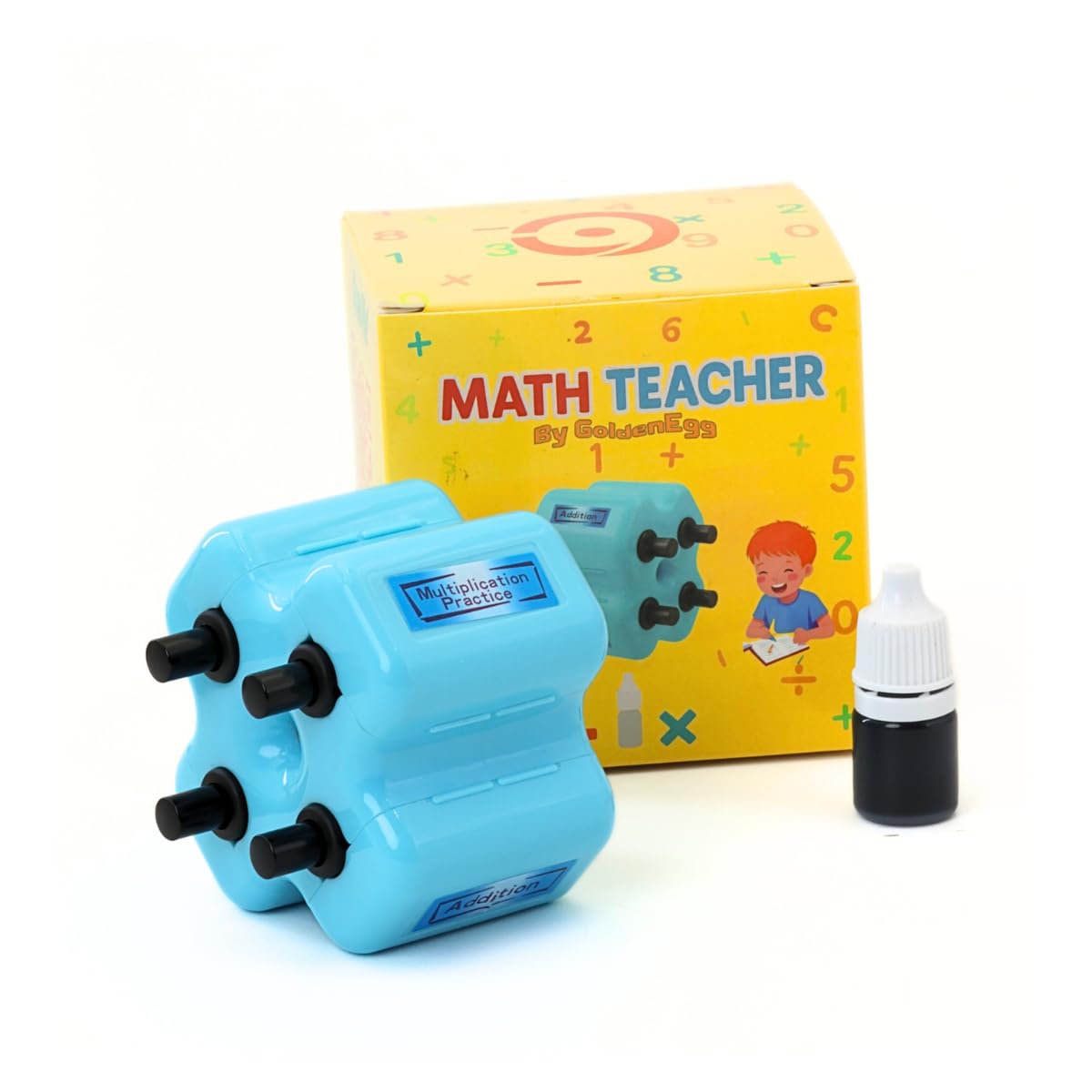 GoldenEgg Math Teacher 4-in-1 Roller Stamp — Addition, Subtraction, Multiplication & Fill-in-The-Blank Practice for Kids (Blue)