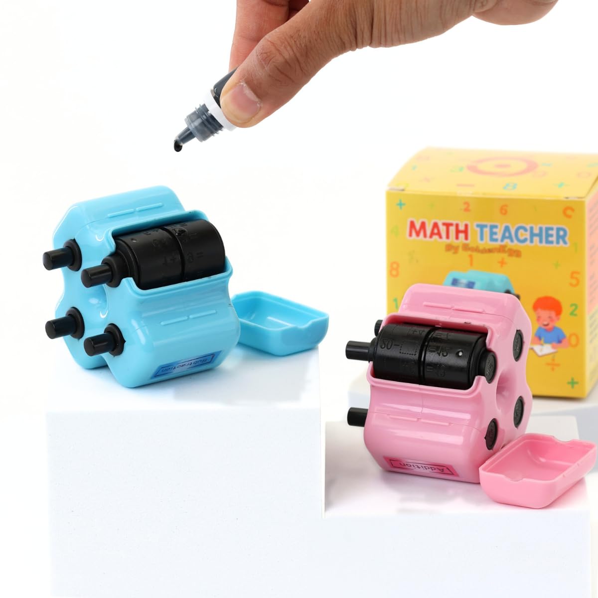 GoldenEgg Math Teacher 4-in-1 Roller Stamp — Addition, Subtraction, Multiplication & Fill-in-The-Blank Practice for Kids (Blue)