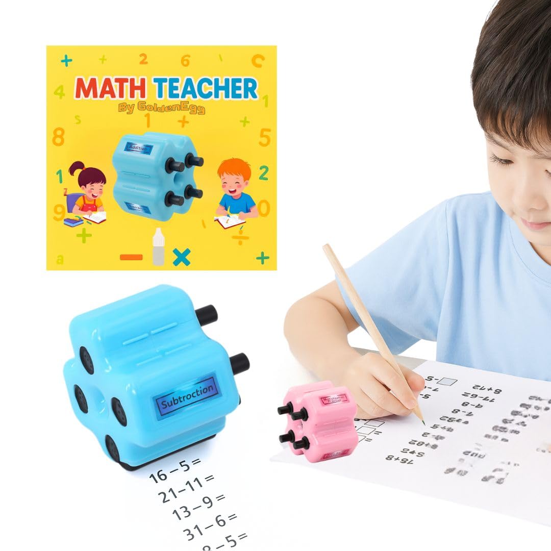 GoldenEgg Math Teacher 4-in-1 Roller Stamp — Addition, Subtraction, Multiplication & Fill-in-The-Blank Practice for Kids (Blue)