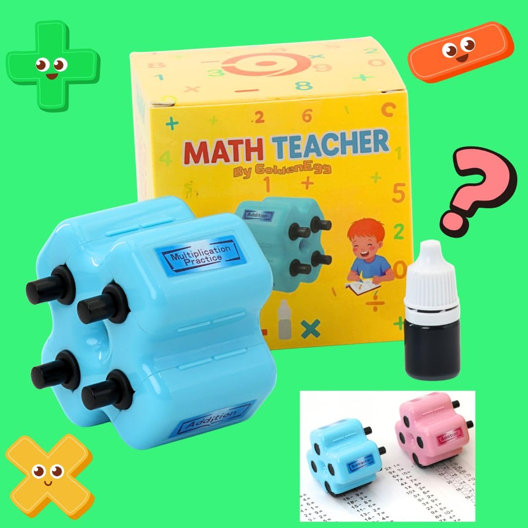 GoldenEgg Math Teacher 4-in-1 Roller Stamp — Addition, Subtraction, Multiplication & Fill-in-The-Blank Practice for Kids (Blue)