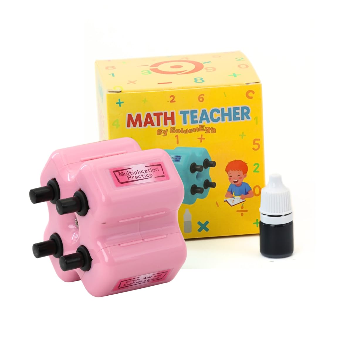 GoldenEgg Math Teacher 4-in-1 Roller Stamp - Addition, Subtraction, Multiplication & Fill-in-the-Blank (Pink)