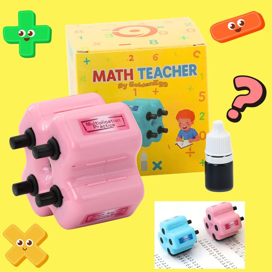 GoldenEgg Math Teacher 4-in-1 Roller Stamp - Addition, Subtraction, Multiplication & Fill-in-the-Blank (Pink)