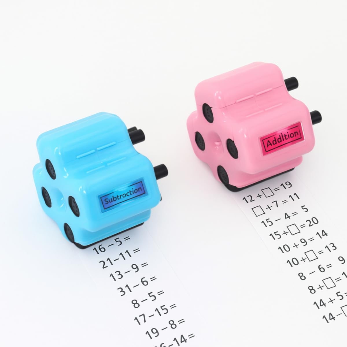 GoldenEgg Math Teacher 4-in-1 Roller Stamp - Addition, Subtraction, Multiplication & Fill-in-the-Blank (Pink)