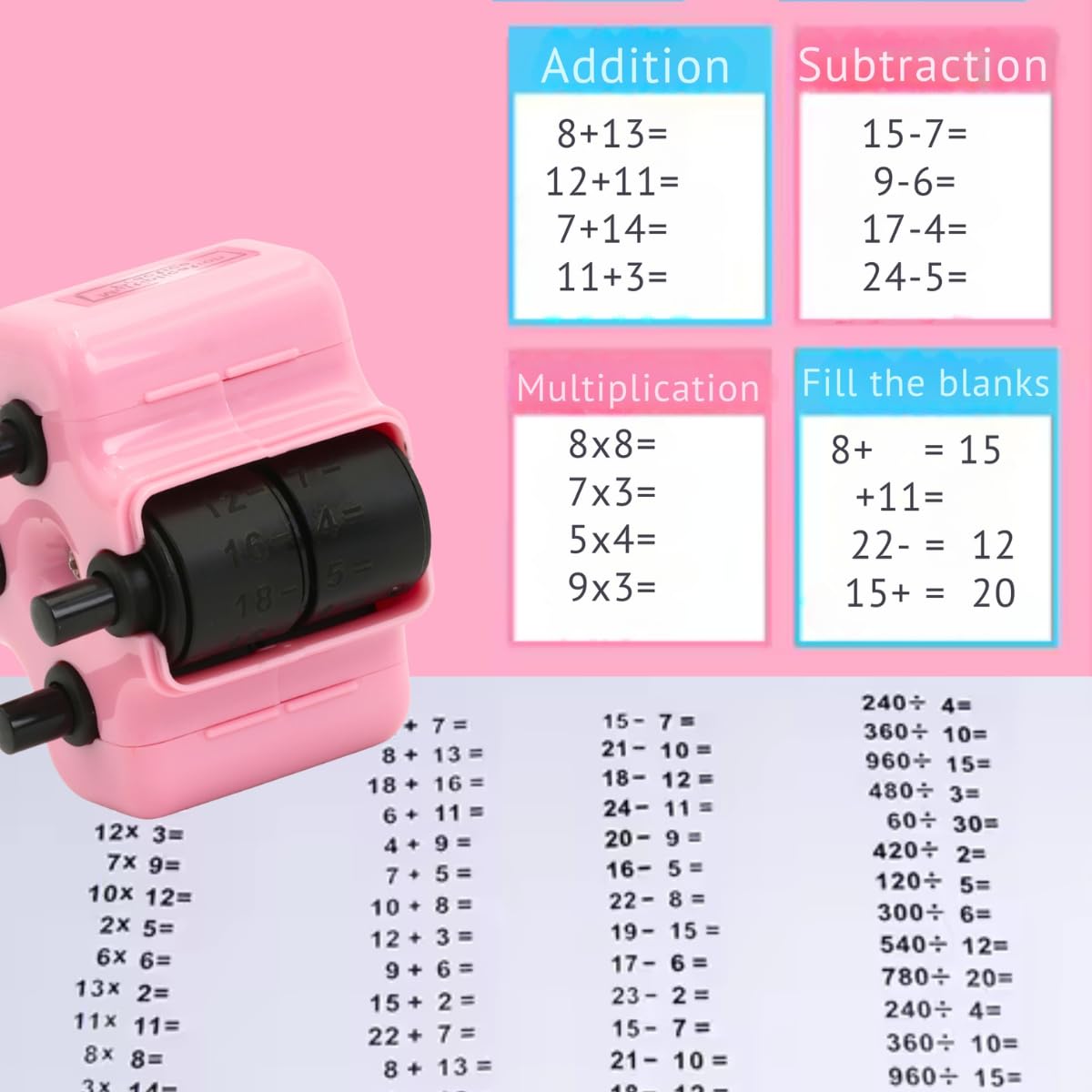 GoldenEgg Math Teacher 4-in-1 Roller Stamp - Addition, Subtraction, Multiplication & Fill-in-the-Blank (Pink)