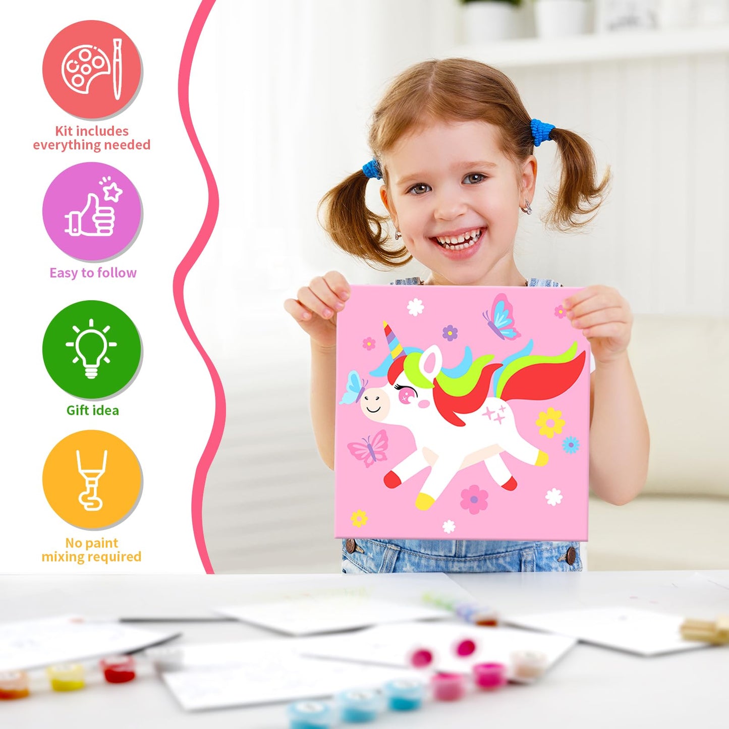 Goldentime Kids Paint by Number Kit | 6 Pre-Drawn Canvases, 17 Paints, 6 Brushes, 2 Easels