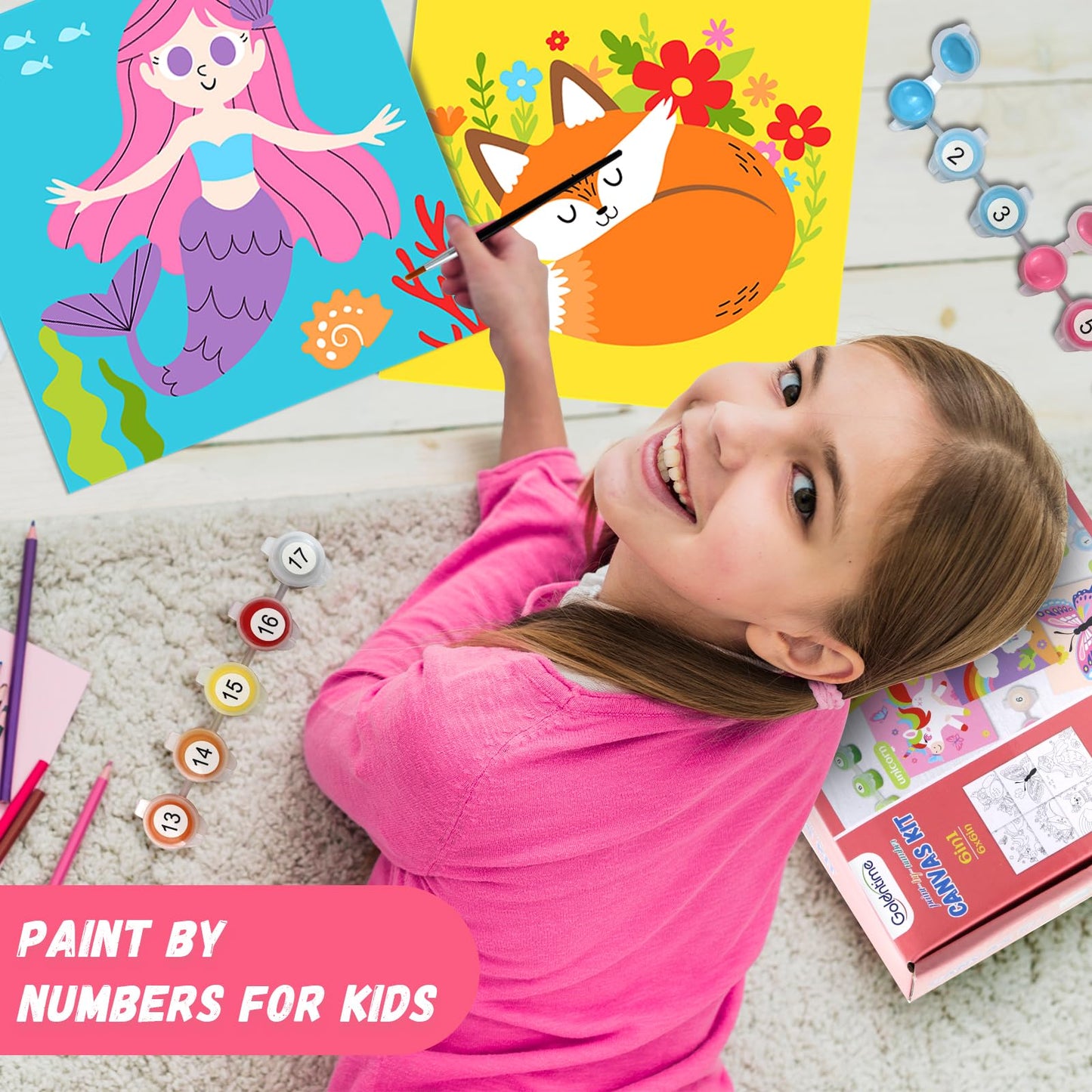 Goldentime Kids Paint by Number Kit | 6 Pre-Drawn Canvases, 17 Paints, 6 Brushes, 2 Easels