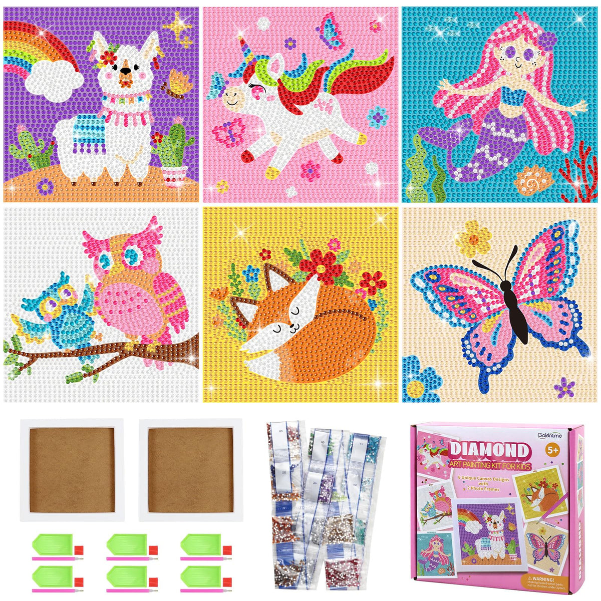 Goldentime Diamond Painting Kits for Kids – 6 Canvases, 2 Frames, 18 Gem Colors, 6 Tools | Ages 6-12