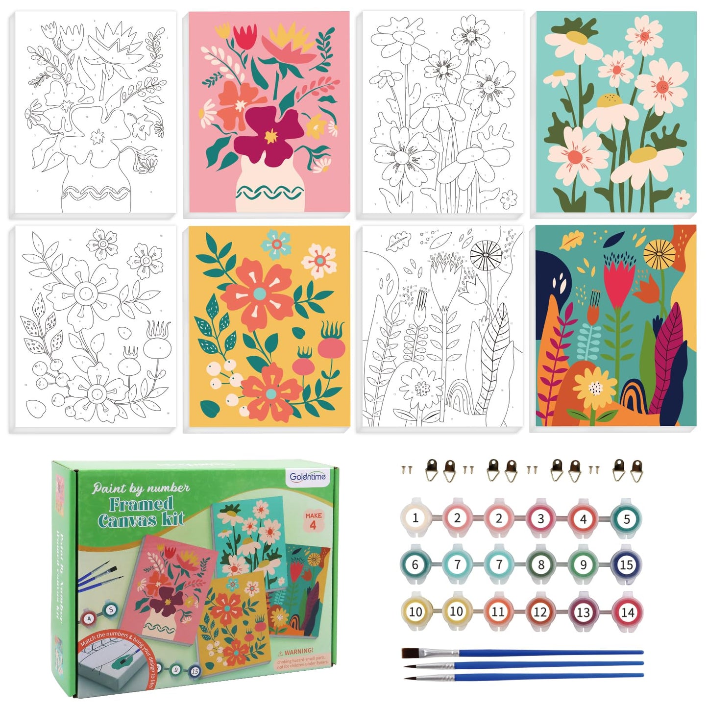 goldentime Framed Paint by Numbers Kit for Adults & Kids 8-12 | Easy Flower Canvas 8x10