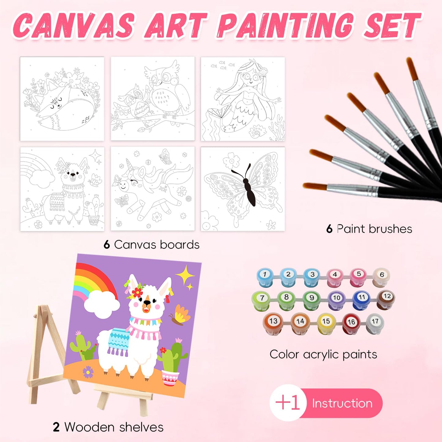 Goldentime Kids Paint by Number Kit | 6 Pre-Drawn Canvases, 17 Paints, 6 Brushes, 2 Easels