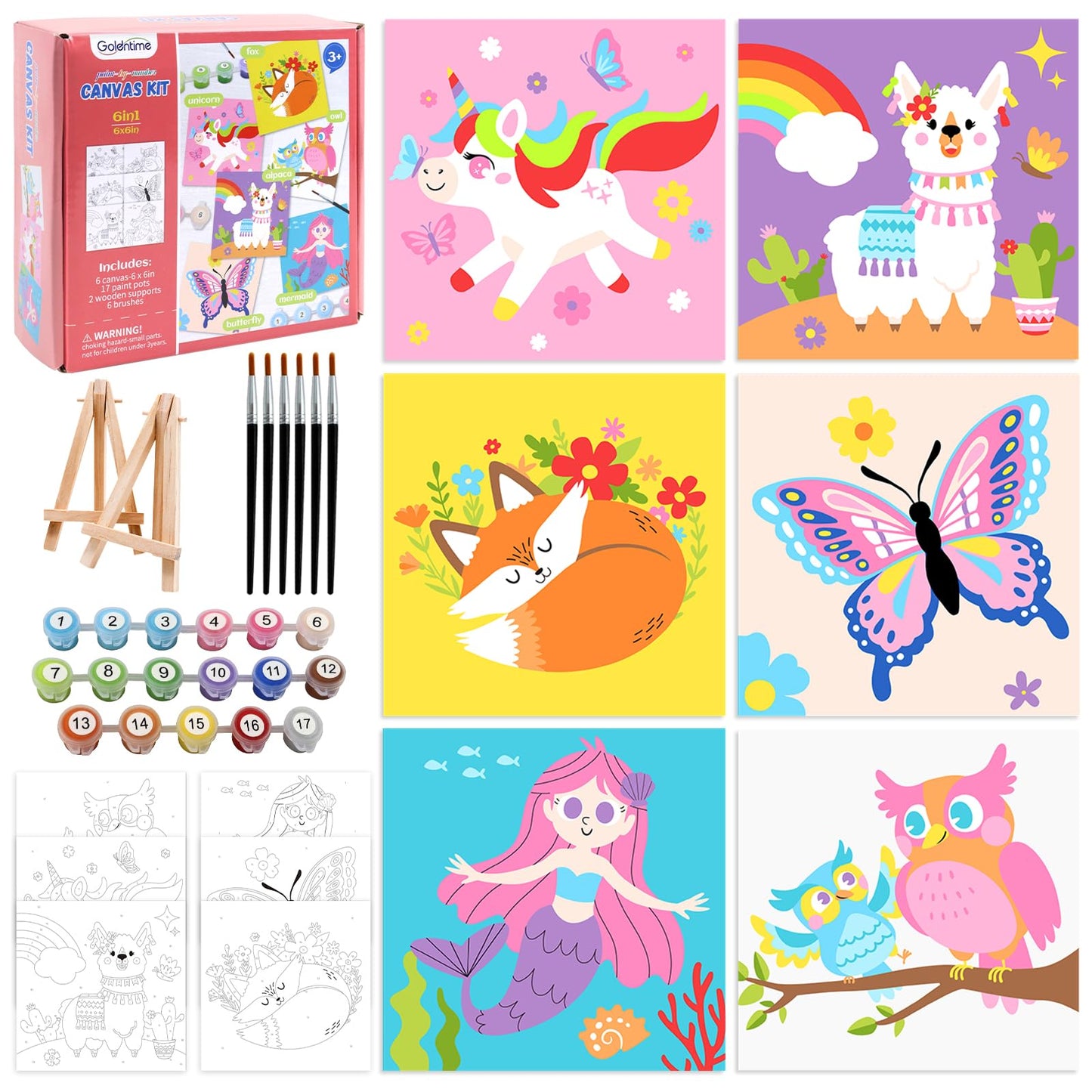 Goldentime Kids Paint by Number Kit | 6 Pre-Drawn Canvases, 17 Paints, 6 Brushes, 2 Easels