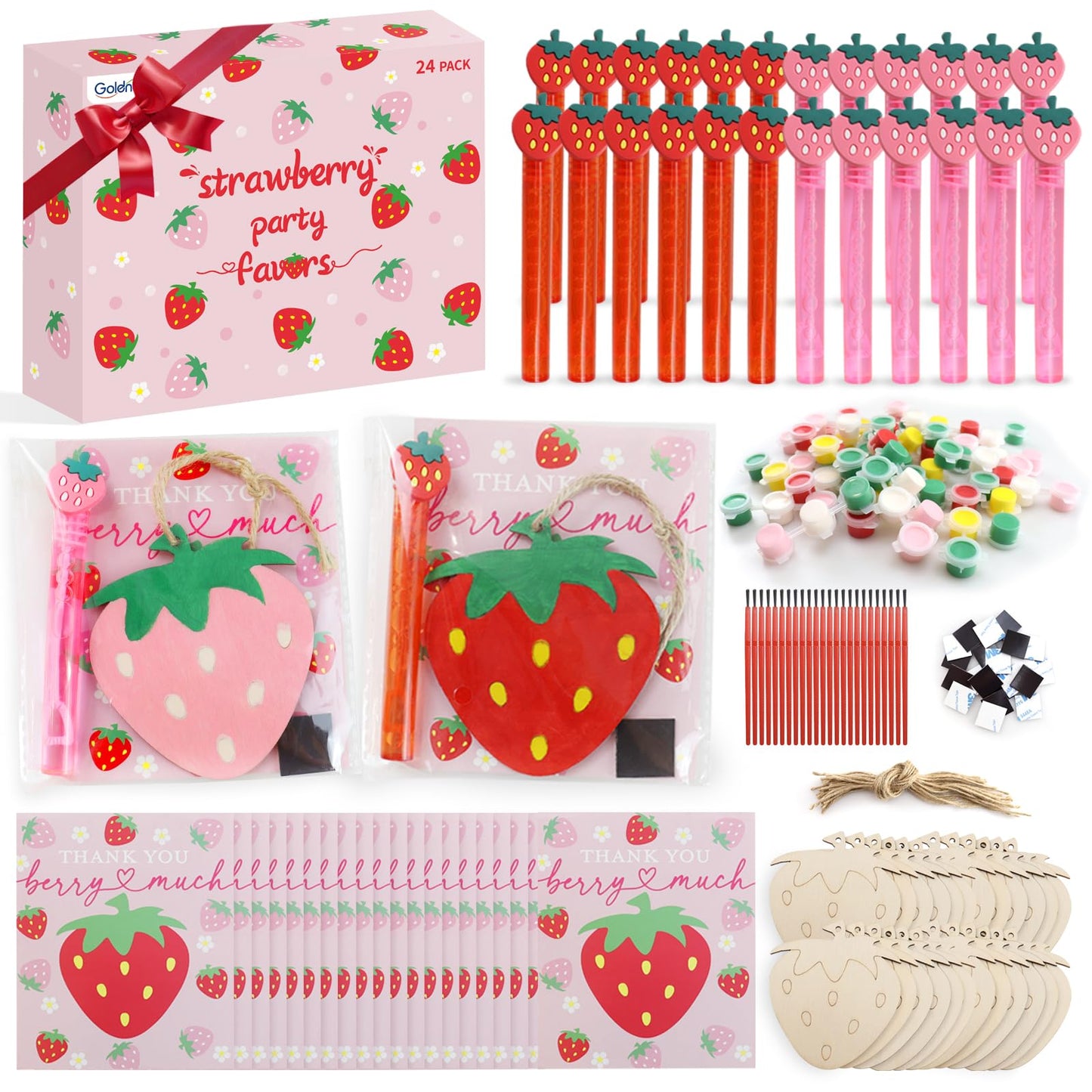 Goldentime 24-Pack Strawberry Party Favors for Kids: Bubbles, Magnets & Wood Painting Kit