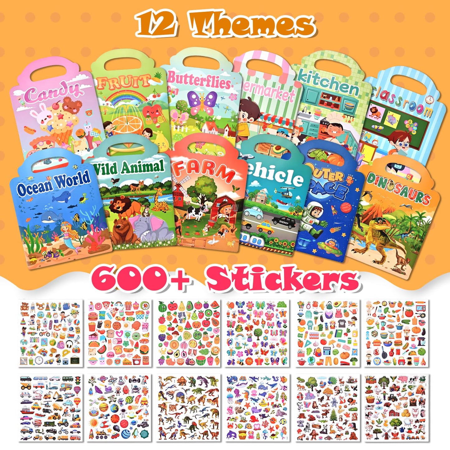 Goldge 12 Sets Reusable Puffy Sticker Books for Toddlers (2–6) | 600+ 3D Stickers, Travel Toys & Gifts