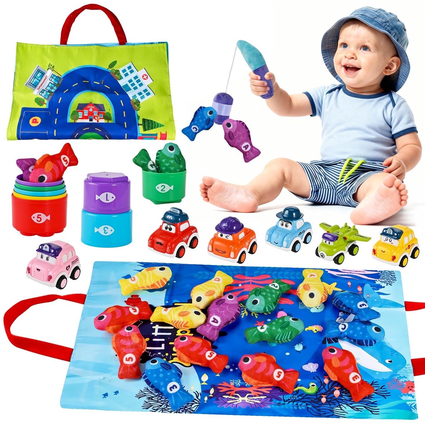 Goldge 2-in-1 Montessori Toys for 1 Year Old – Fishing Game, Stacking Cups & Pull-Back Cars