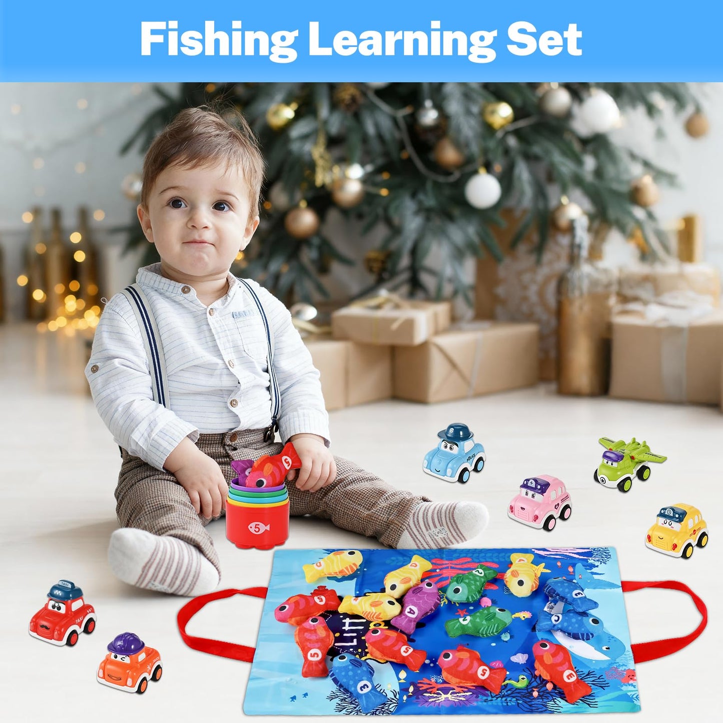 Goldge 2-in-1 Montessori Toys for 1 Year Old – Fishing Game, Stacking Cups & Pull-Back Cars