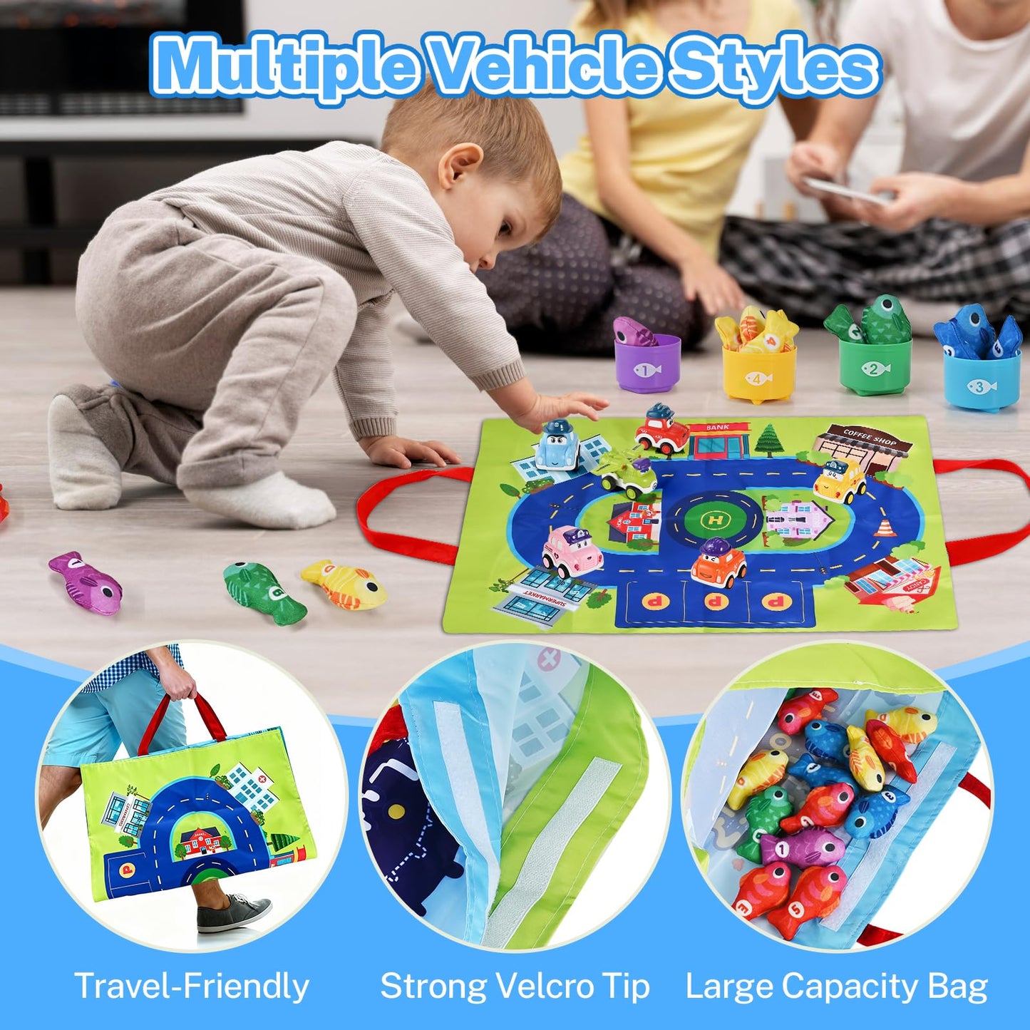 Goldge 2-in-1 Montessori Toys for 1 Year Old – Fishing Game, Stacking Cups & Pull-Back Cars