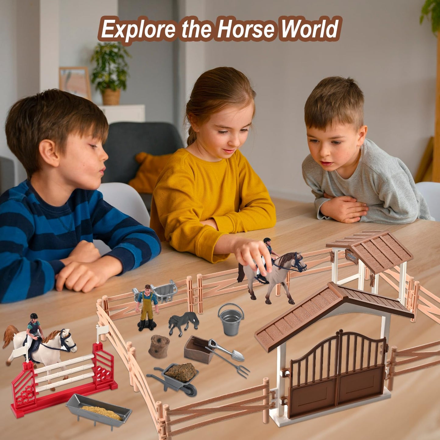 Goldge Horse Stable Playset — Realistic Ranch Toy with 3 Horses & Accessories (Ages 3–12)