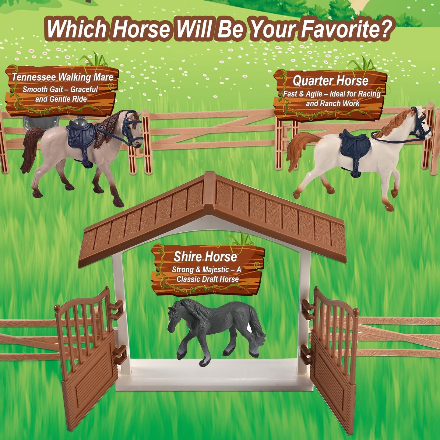 Goldge Horse Stable Playset — Realistic Ranch Toy with 3 Horses & Accessories (Ages 3–12)