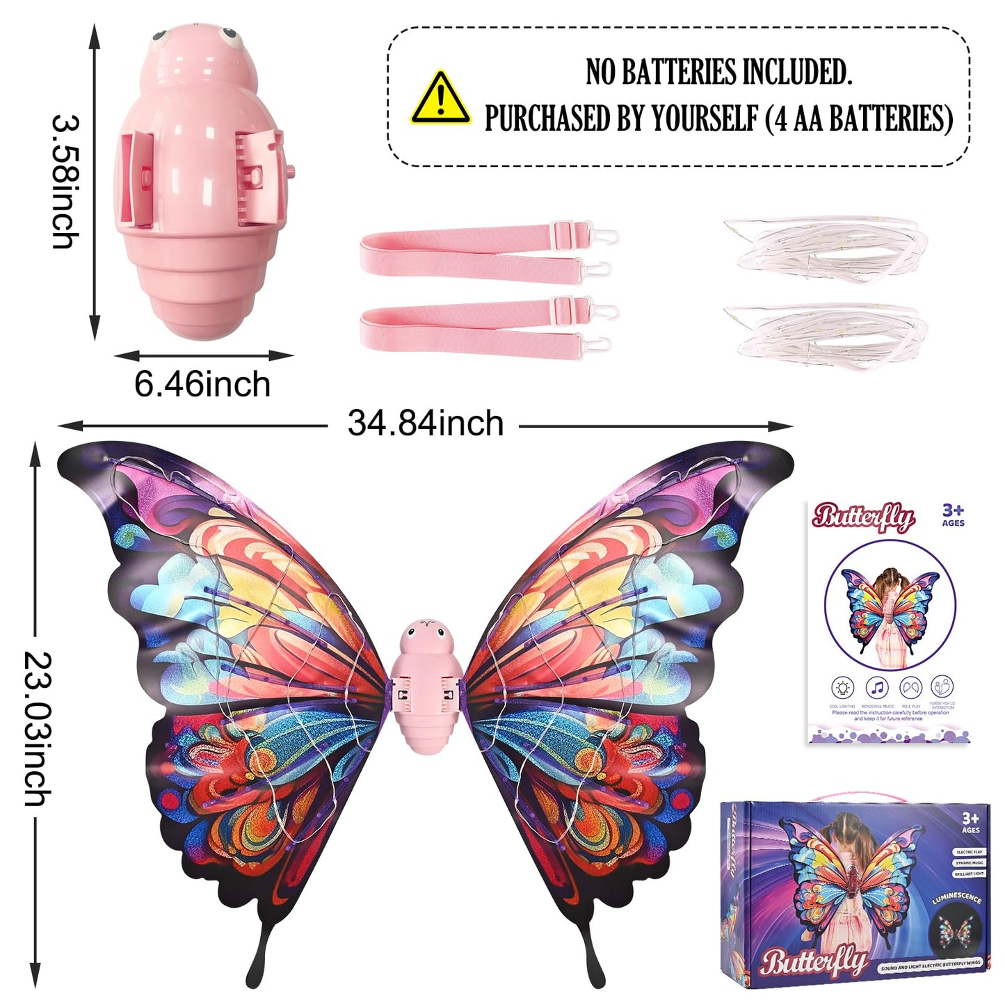 GOLDGE LED Electric Fairy Wings for Girls – Colorful Moving Butterfly Wings with Lights & Music